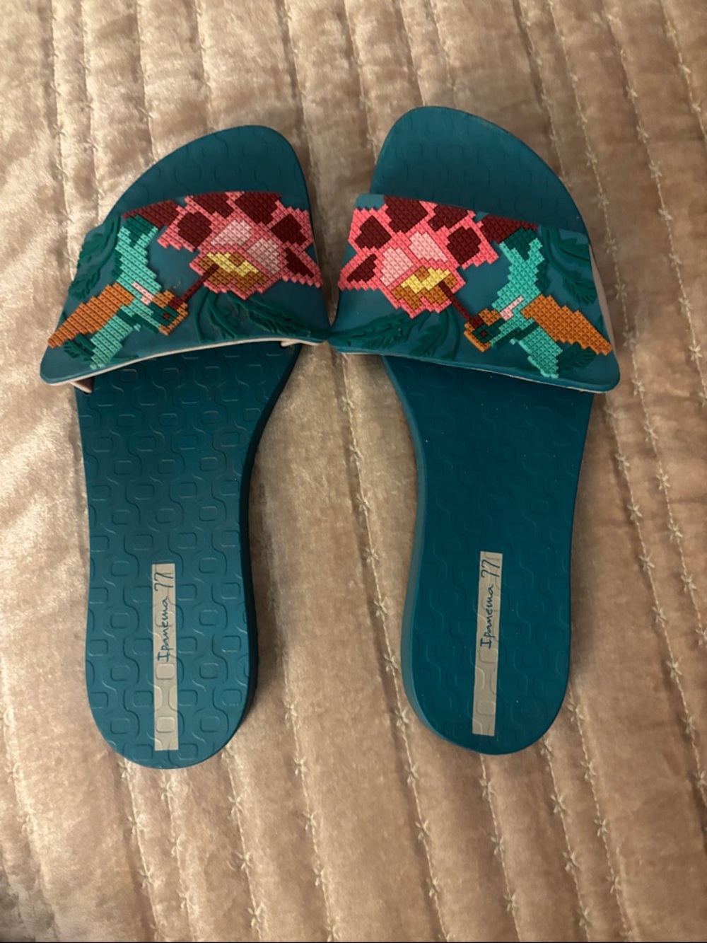 Chico's Teal Slide Sandals with Multicolor Floral Embroidery